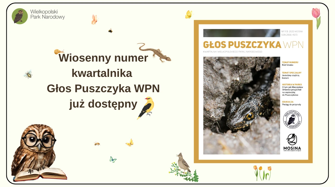 Grafika przedstawia egzemplarz kwartalnika Głos Puszczyka oraz informację o dostępności zimowego numeru gazety